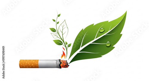 Cigarette burning into green leaves representing smoking health risks