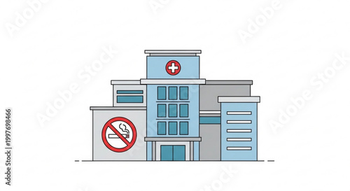 Modern hospital building exterior with no smoking symbol illustration