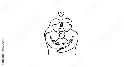 Parents hugging baby with heart icon representing loving family bond