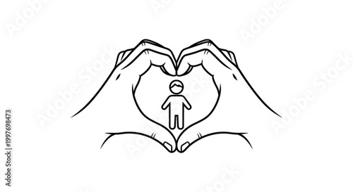 Hands forming heart shape around a human figure icon line drawing