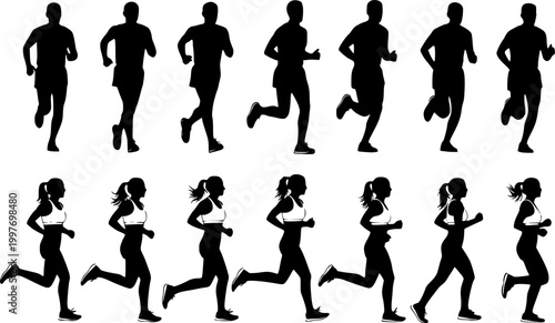 Running men and women, isolated vector silhouettes. Run, side view. Silhouettes of athletic looking male and female runners running. Transparent EPS version.