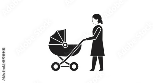 Woman pushing a baby carriage icon black and white vector graphic