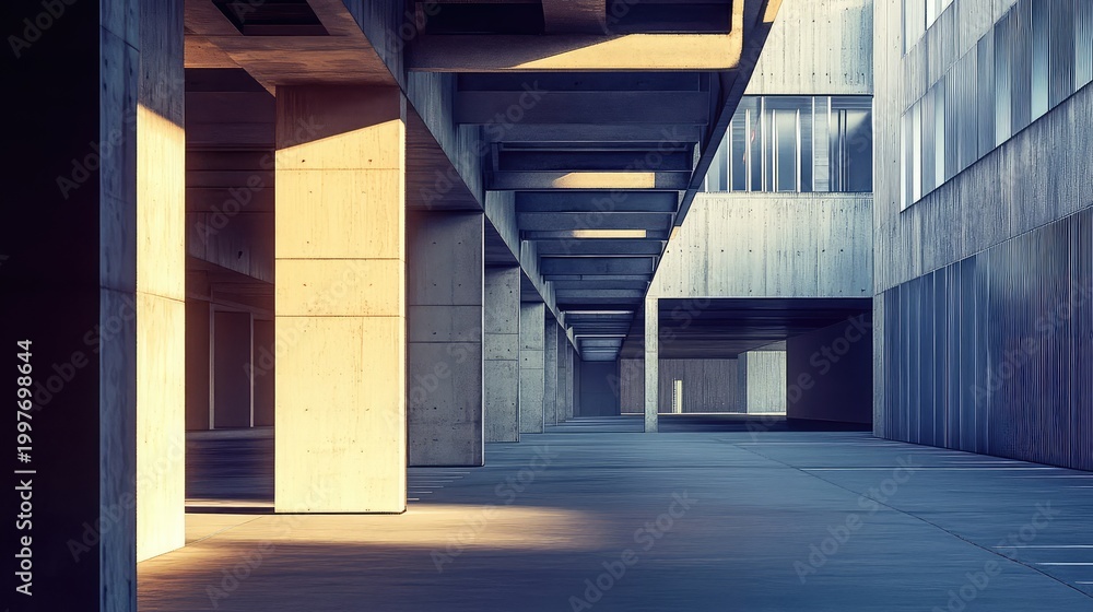 Fototapeta premium Concrete building components forming a pattern of strong lines, geometric shapes, and perspective, with sunlight casting sharp shadows across the modern structure
