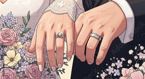 Detail of the bride and groom's hands in a cartoon style, with wedding rings and delicate flowers in pastel shades surrounding them.