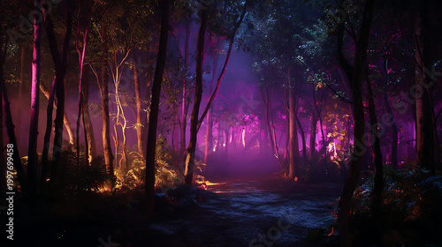 Magical Forest Landscape Lit Up