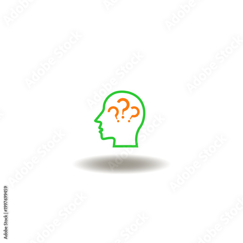 Vector illustration of head with question marks. Symbol of hesitation.