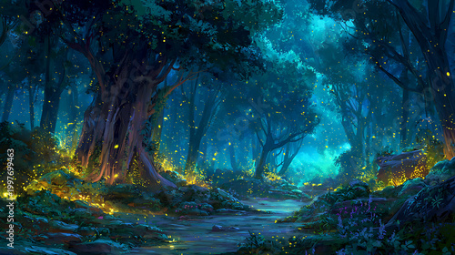 Magical Forest Landscape Lit Up