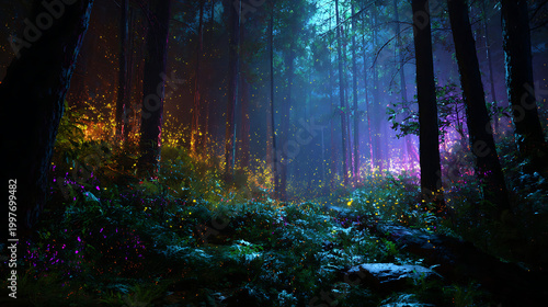 Magical Forest Landscape Lit Up