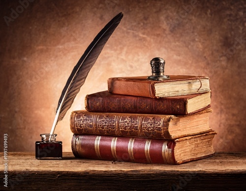 classical literature banner featuring antique books and a quill on a vintage background