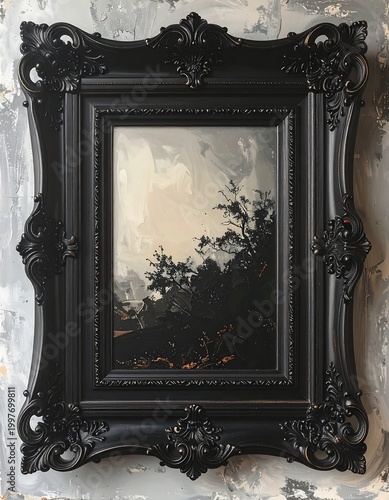 Ornate black frame houses an abstract landscape of dark trees and a light-filled sky. Gray background