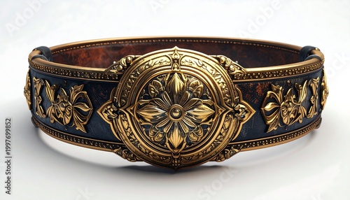 Ornate belt, with a central floral design, surrounded by a dark band featuring decorative gold accents, against a white backdrop
