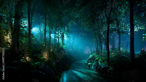 magical forest landscape lit up