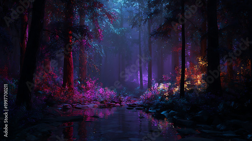 magical forest landscape lit up