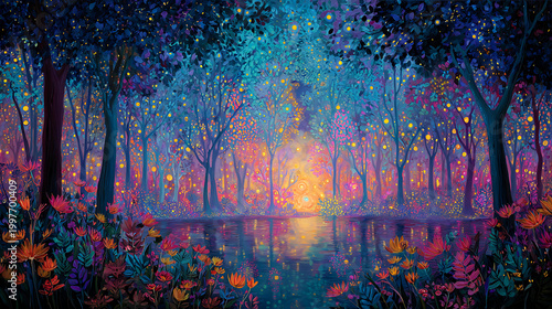 magical forest landscape lit up