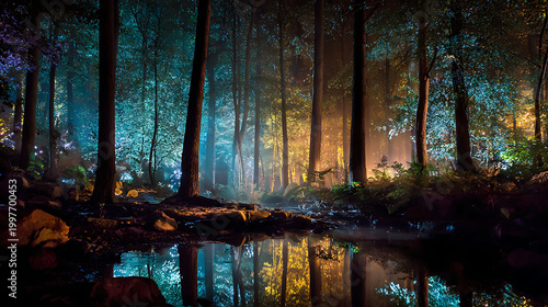 magical forest landscape lit up