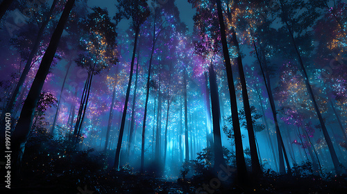 magical forest landscape lit up