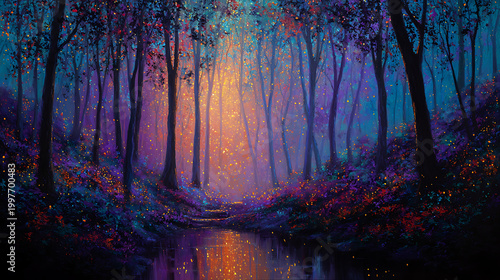 magical forest landscape lit up