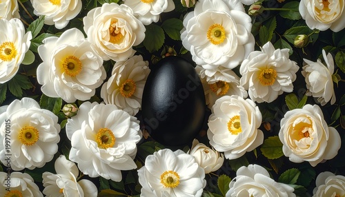 Overhead shot of a glossy black egg surrounded by a multitude of delicate white roses and green leaves