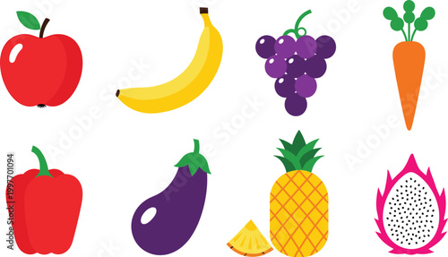 Fresh fruits and vegetables vector set with apple banana pineapple and dragon fruit isolated on white background