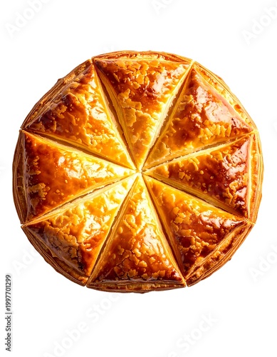 Overhead shot of a golden-brown, baked, circular dessert. Triangular segments radiate from the center, appearing flaky and crispy