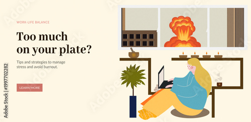 Flat illustration of woman working on laptop with symbolic explosion outside window. Concept of burnout, stress and emotional overload in modern work environment.