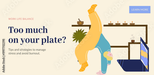 Flat illustration of tired woman in surreal pose using laptop. Concept of burnout, creative stress and overload in digital work.