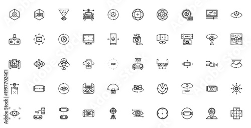 360 view icon set. Vector icons pack for virtual reality, panoramic, camera and AR. Includes cube, smartphone, gamepad, VR glasses, rotate, radar and more. Editable stroke.