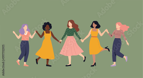 Group of diverse women holding hands and dancing together in a joyful celebration of friendship and unity