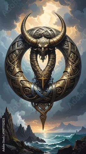 Ornate circular emblem with bull-like horns and an intricate design, set against a dramatic sky over an ocean