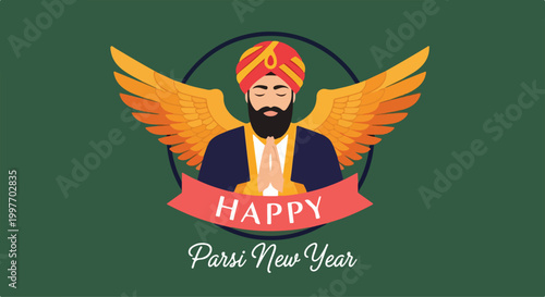 Festive New Year celebration illustration featuring a cheerful man with a turban and wings holding a happy message