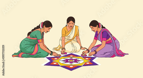 Group of three women wearing traditional colorful sarees sitting on the floor and making intricate rangoli art