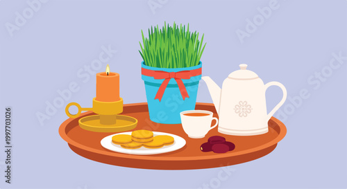 Fresh breakfast table with fried eggs toast coffee and herbal tea on a wooden tray for morning meal or brunch scene