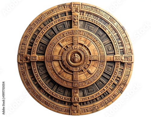 Ornate, circular relief carving depicting intricate concentric patterns and a central stylized face, possibly of ancient origin