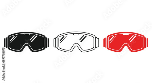 Set of three sports goggles in black white and red with adjustable straps for outdoor activities