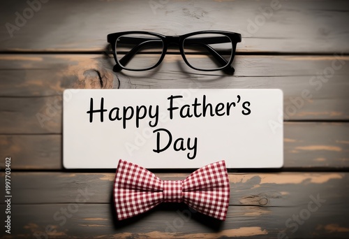 Fathers Day card with glasses and bow tie on wooden table.