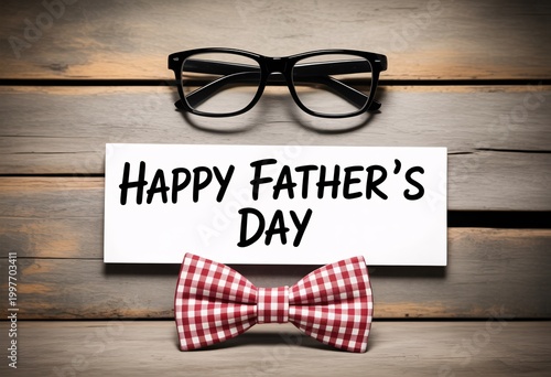 Happy fathers day greeting card with glasses and plaid bow tie on wooden background.