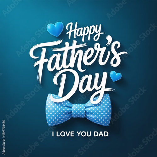 Fathers Day greeting card with blue bow tie and heart emojis on dark background