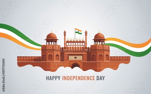 Illustration of indian historical monument with happy independence day greeting and tricolor flag.