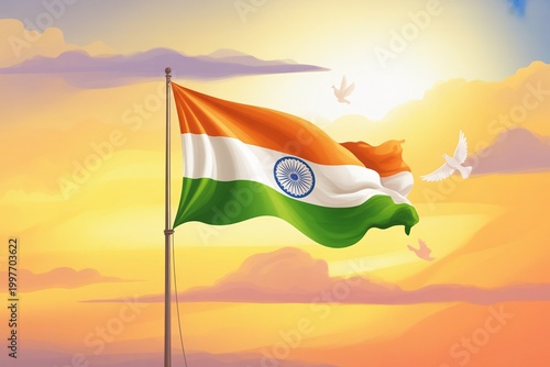 Indian national flag waving against golden sunset over desert landscape.
