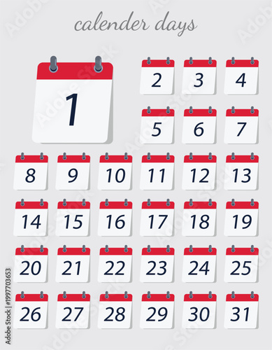 Minimal Cartoon Daily Calendar Icons Set 1–31, Tear-Off Desk Calendar Pages, Flat Vector Illustration