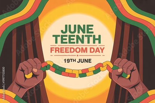Hands holding Juneteenth celebration wreath with colorful ribbons and date