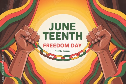 Hands breaking chains on juneteenth freedom day celebration poster with colorful background.