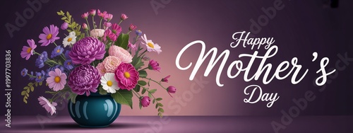Elegant bouquet of pink and purple flowers with happy mothers day greeting card message.