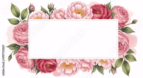 Pink roses arranged in a heart shape with blank center space on white background.