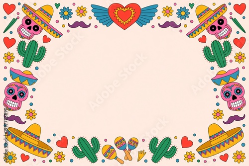 Colorful cartoon animal border with hearts and cacti for festive decoration.