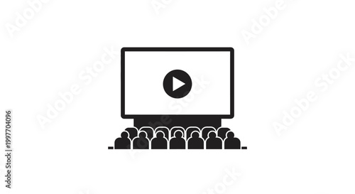 Black and white illustration of people watching a video on a screen.
