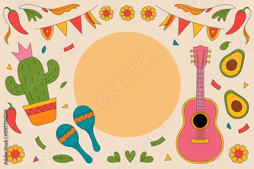 colorful summer music festival poster with cacti, guitar, and party decorations.