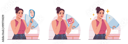 Woman checking acne, applying medicine in clean flat style on a bathroom background, showing skincare improvement concept. Hand-drawn vector illustration