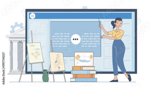 A teacher showing art pieces beside a large digital screen in clean flat style on a light background, expressing education creativity concept. Hand-drawn vector illustration