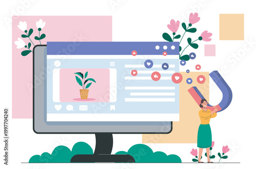 A large monitor with a social post interface, colorful flat style, set on a soft pastel background, showing attraction of likes as a concept of online engagement. Hand-drawn vector illustration